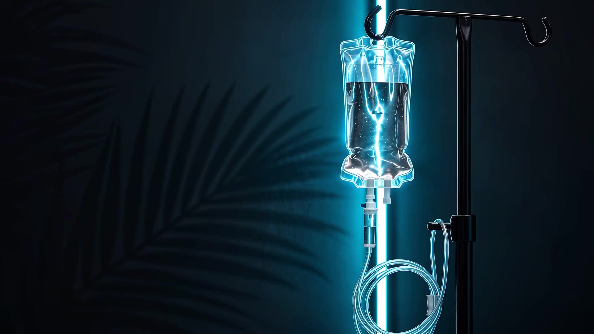 An IV bag on a stand, lit in cyan against a dark room